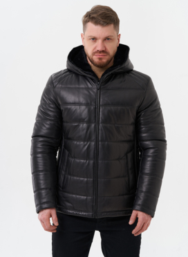 Пуховик из натуральной кожи с отделкой из мутона