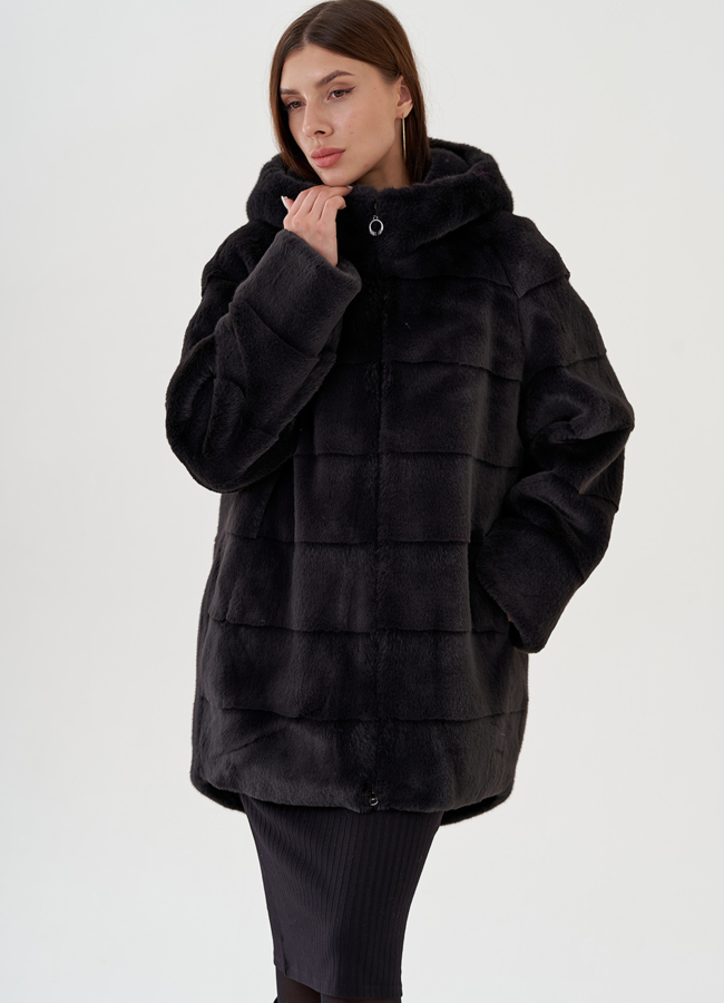 фото Полупальто из экомеха с капюшоном модель № 81537