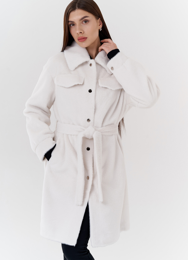 Женское пальто из ворсовой ткани модель № 24117 меха малина