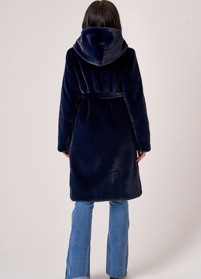 Шуба синяя из эко меха с капюшоном модель № 19009 в рассрочку