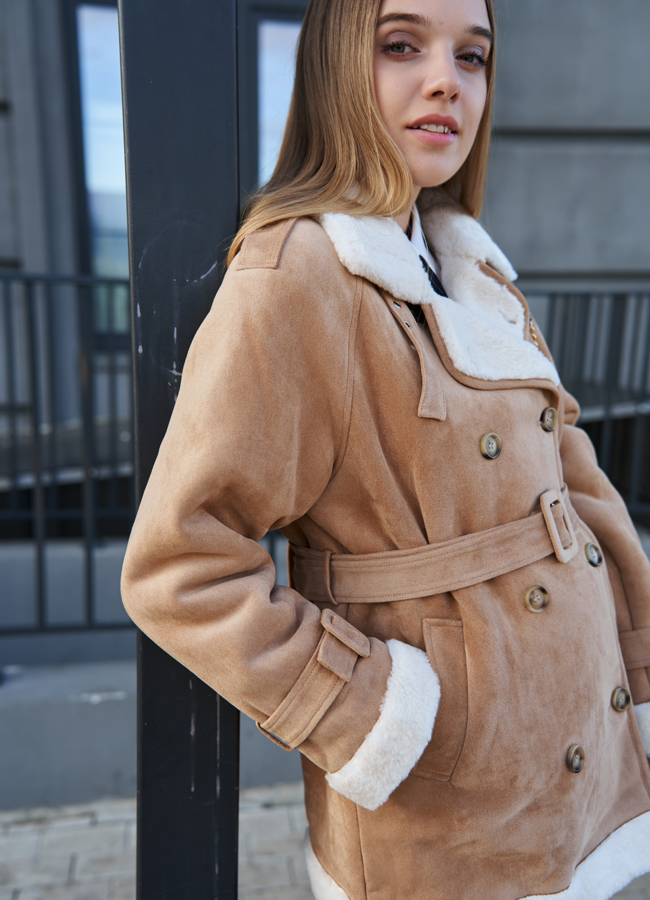 Дубленка из эко замши с английским воротником модель № 25360 универмаг малина