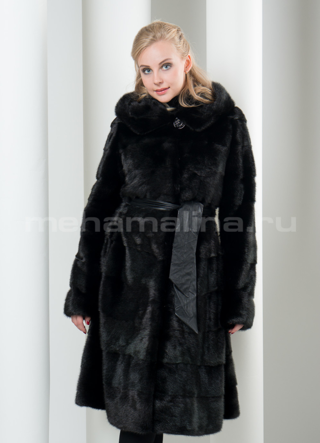 Шуба норка с капюшоном, цвет черный модель № S-99 в кредит