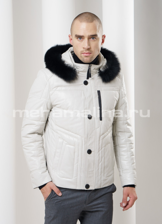 Кожаный пуховик модель № ПМ-59 меха малина