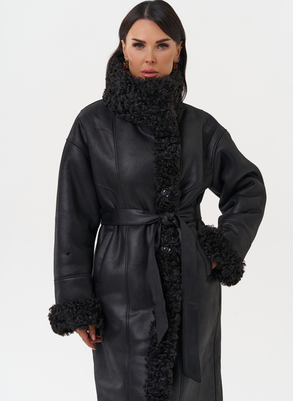 Женская дубленка из эко замши с поясом