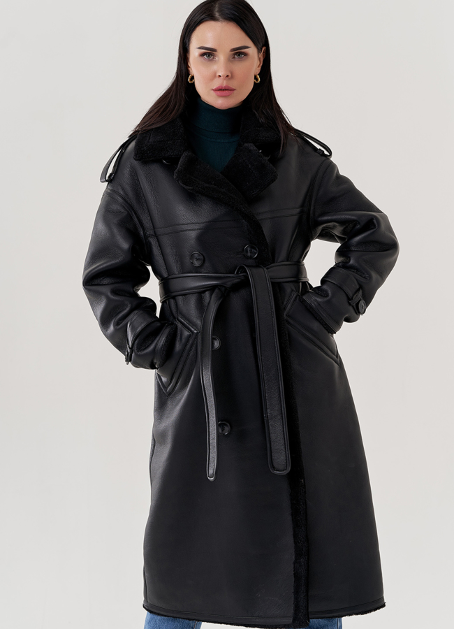 Дубленка женская из искусственной кожи  модель № 79490 меха малина