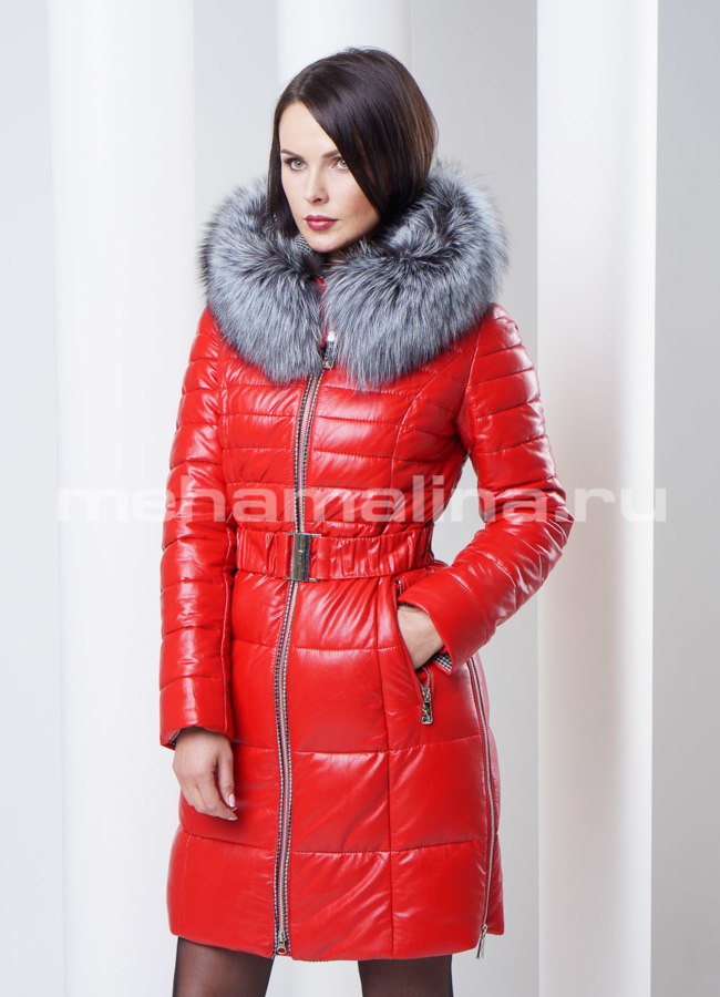 Красный пуховик из экокожи модель № П-32 меха малина
