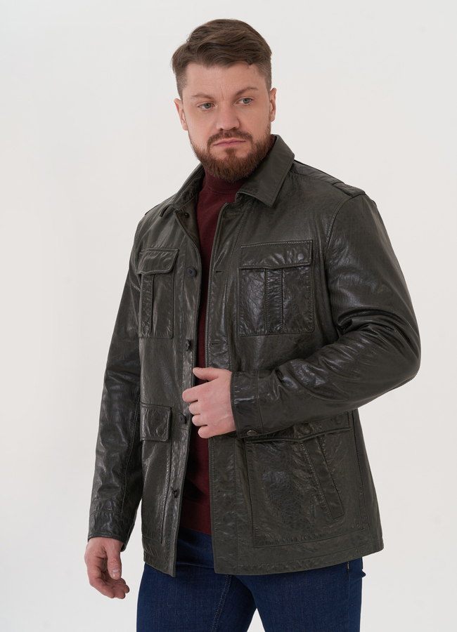 Куртка из натуральной кожи зеленого цвета модель № W812 в рассрочку