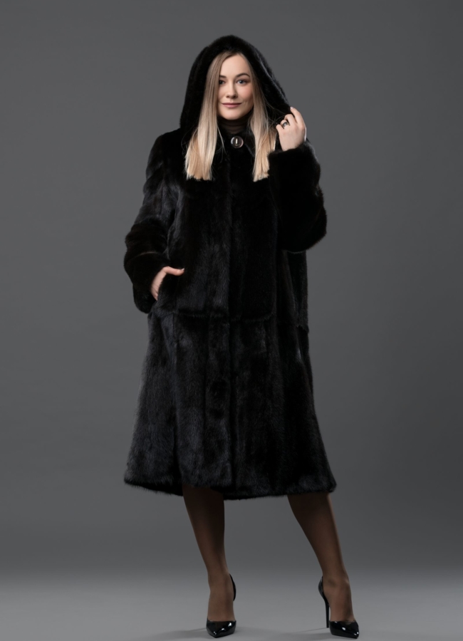 Норковая шуба в цвете махагон с капюшоном модель № S-771 в кредит