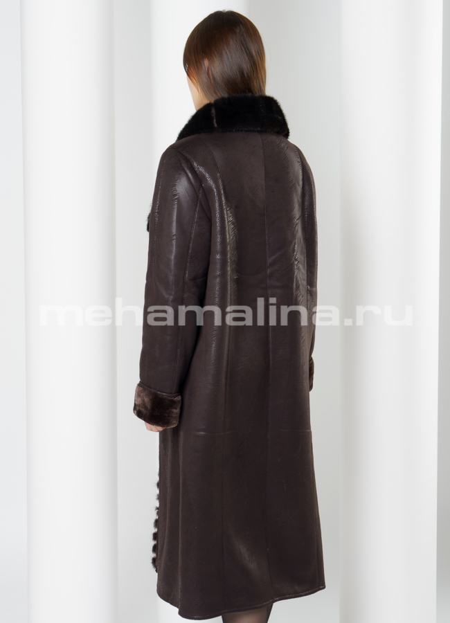 Удлиненная эко дубленка с отделкой из норки модель № J010 в кредит
