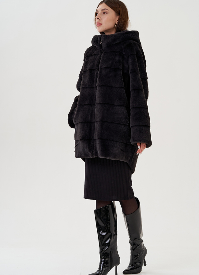 Полупальто из экомеха с капюшоном модель № 81537 универмаг малина