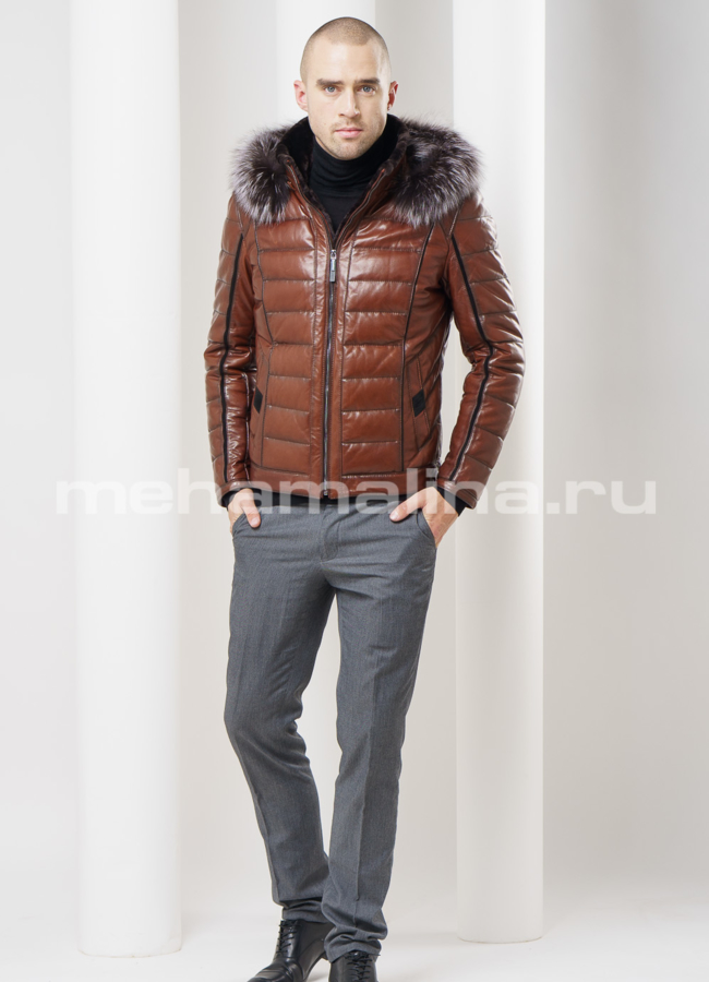 Кожаный пуховик модель № ПМ-55 универмаг малина