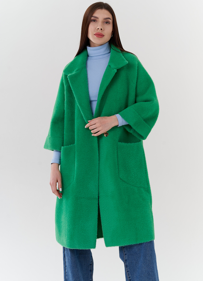 Кардиган свободного кроя зеленого цвета  модель № 10999 меха малина