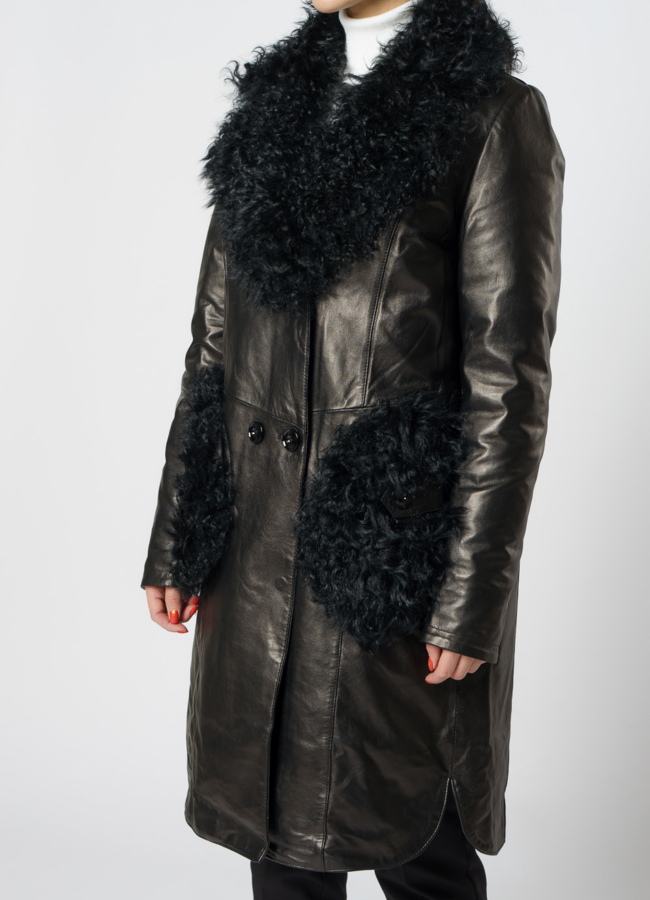 Полупальто из натуральной кожи черного цвета модель № 18237 универмаг малина