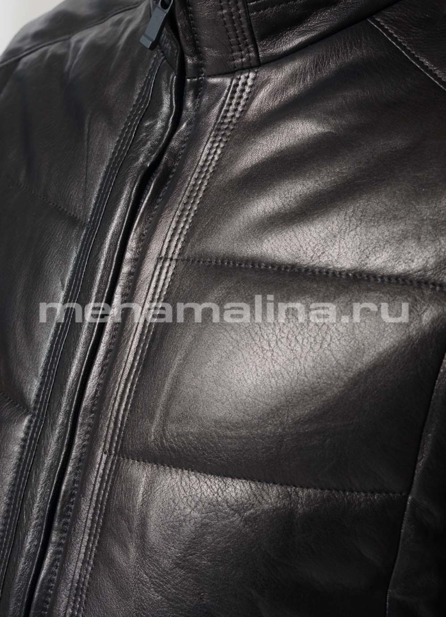 Кожаный пуховик черного цвета на молнии модель № ПМ-104 в рассрочку
