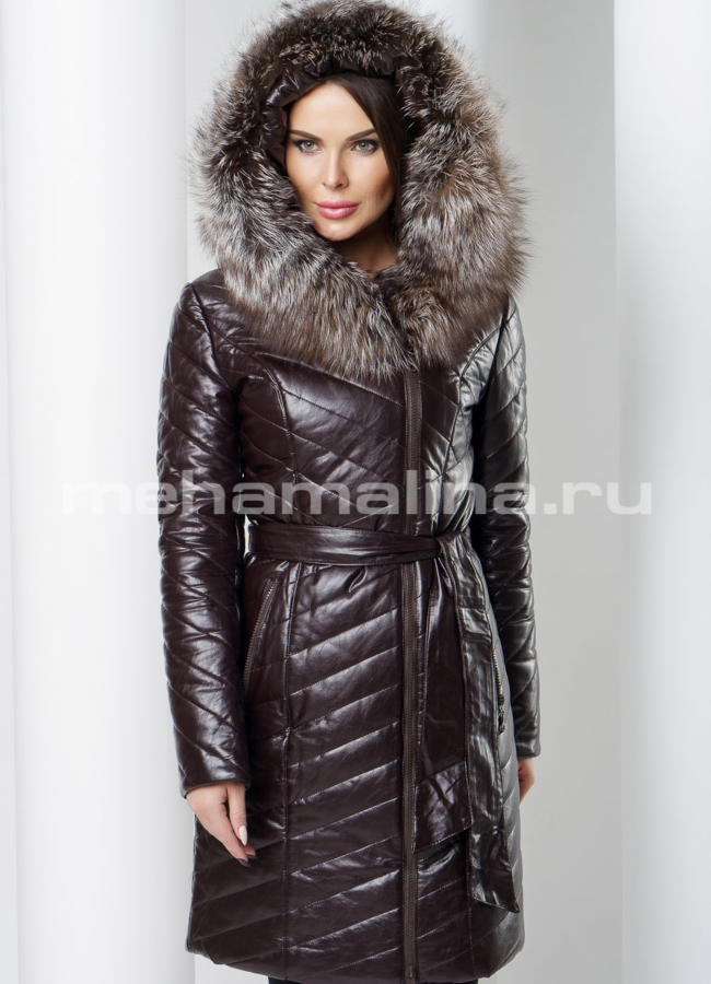 Пуховик с капюшоном модель № 8120 меха малина