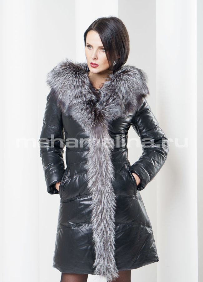 Пуховик кожаный на молнии модель № П-36 в рассрочку