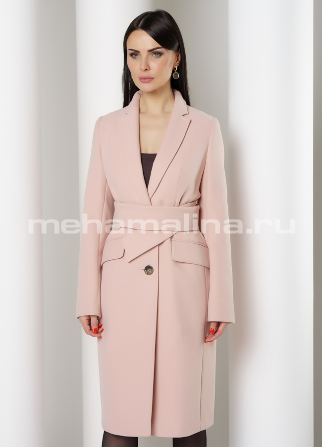 Пальто приталенное, розового цвета, на пуговицах с поясом модель № 4973 универмаг малина