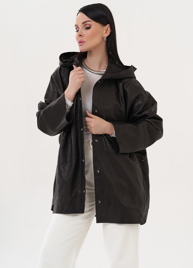 Удлиненная куртка из натуральной кожи с капюшоном модель № 27144 в кредит