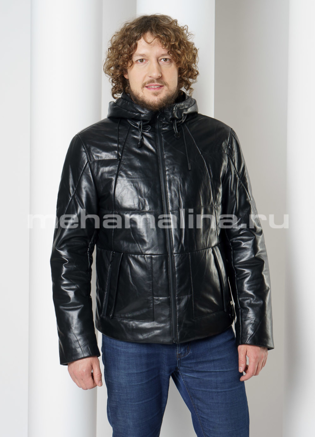 Кожаный пуховик с капюшоном модель № KP-236 меха малина