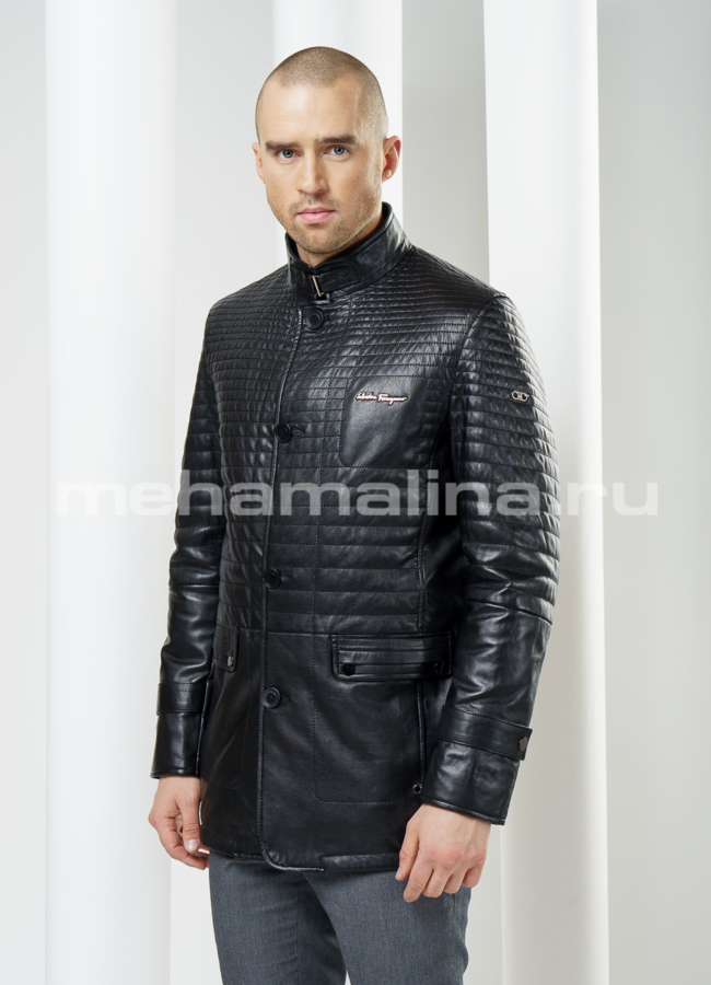 Кожаная куртка на пуговицах, цвет черный модель № KP-84 в рассрочку