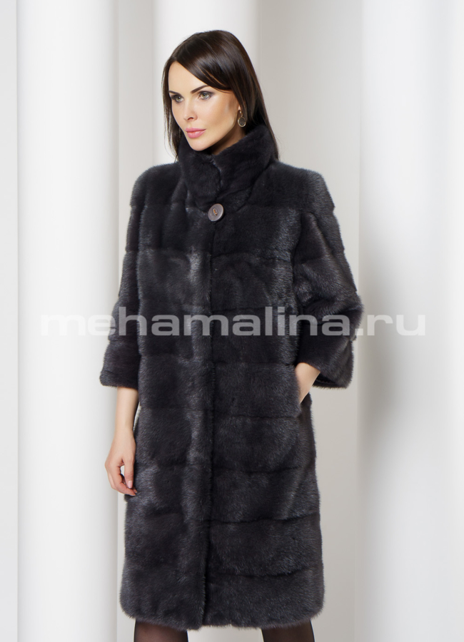 Норковая шуба поперечная в цвете графит, со стойкой модель № S-748 в рассрочку