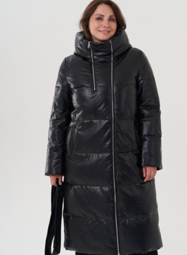 Женский пуховик из эко кожи с капюшоном