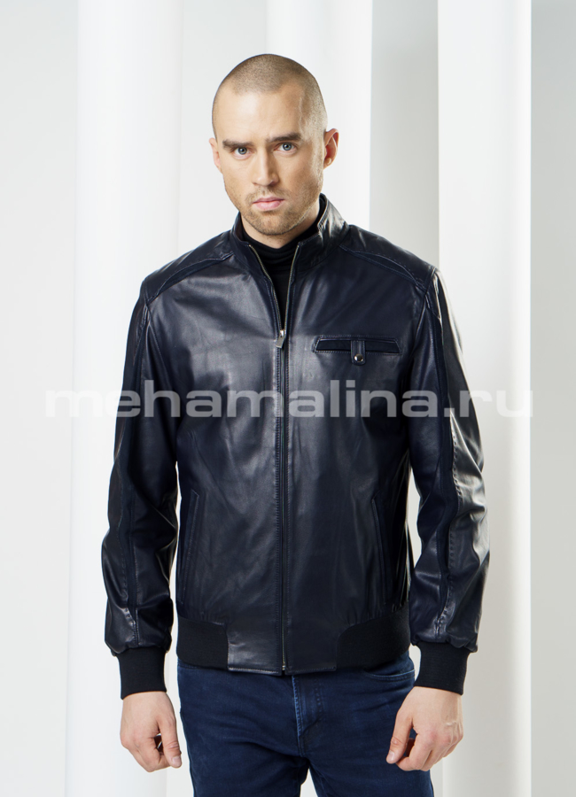 Кожаная куртка на резинке, цвет синий модель № KP-91 в рассрочку