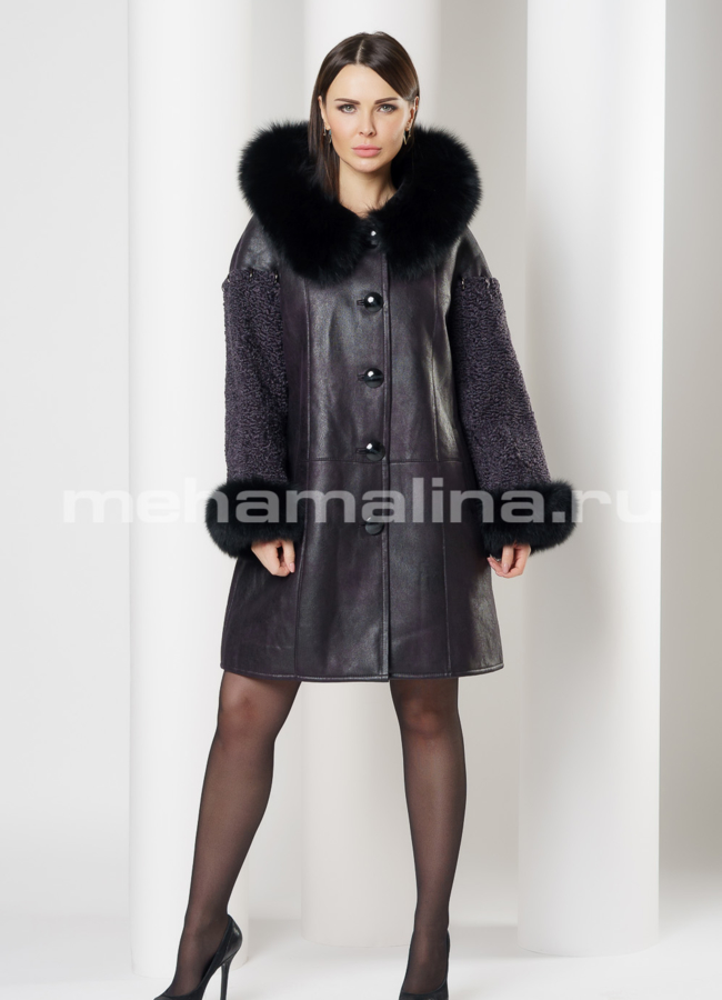 Удлиненная дубленка из эко кожи цвета графит модель № 7752 в рассрочку