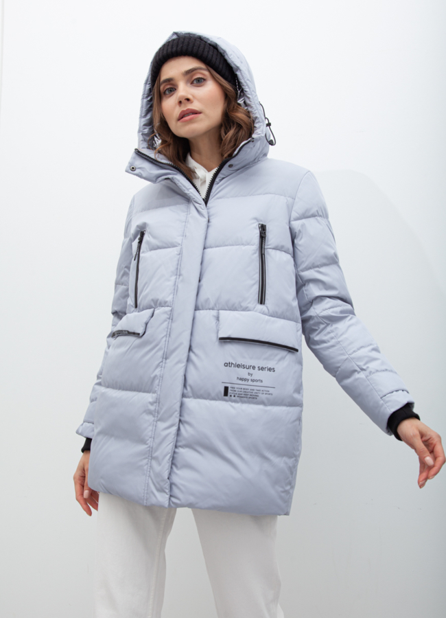 Пуховик женский серого цвета с капюшоном модель № 21026 меха малина