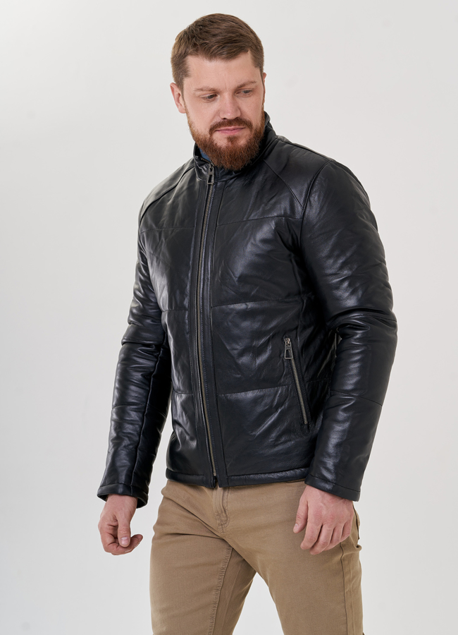 Кожаная мужская куртка на утеплителе модель № 79195 меха малина