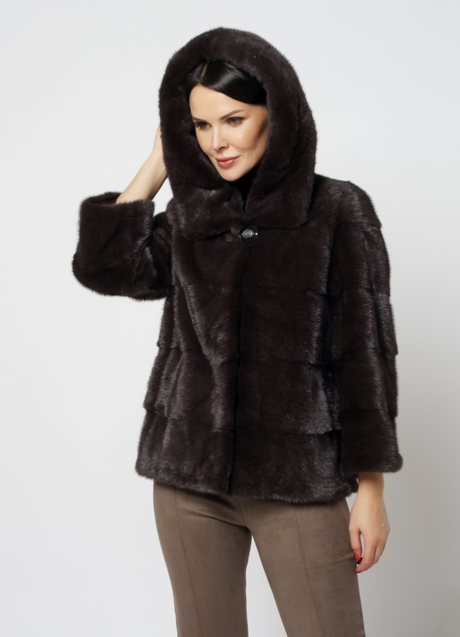 Норковая шуба с капюшоном цвета уголь модель № S-821 универмаг малина