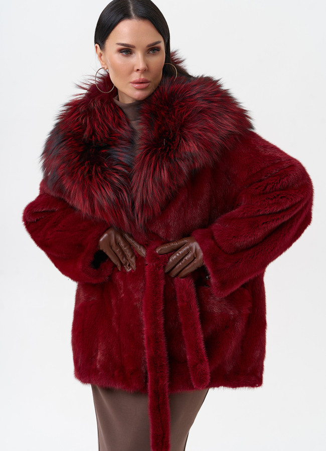 Бордовая шуба из норки модель № 29261 универмаг малина