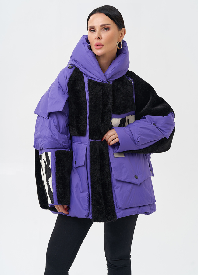 Комбинированный женский пуховик с капюшоном модель № 28374 меха малина