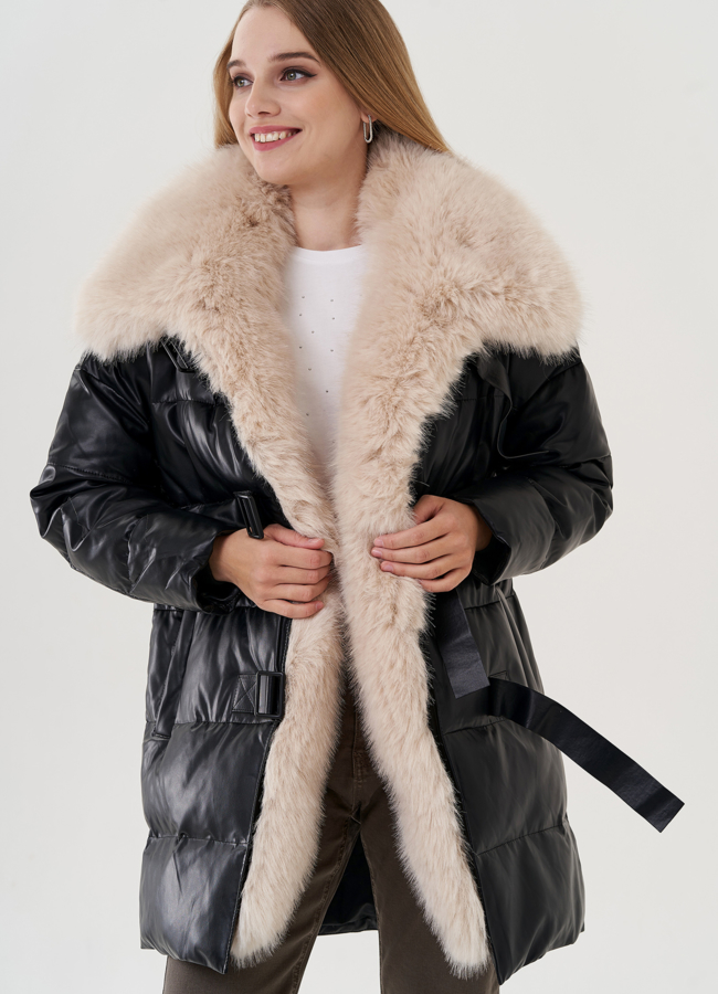 Пуховик из эко кожи с воротником из эко меха  модель № 24868 универмаг малина