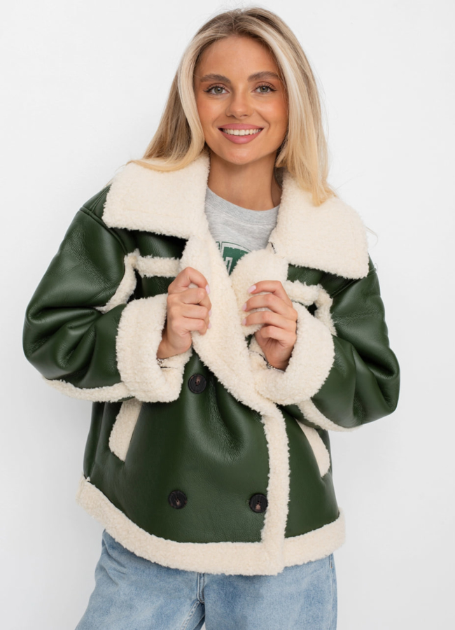 Укороченная дубленка из эко кожи модель № 40211 меха малина