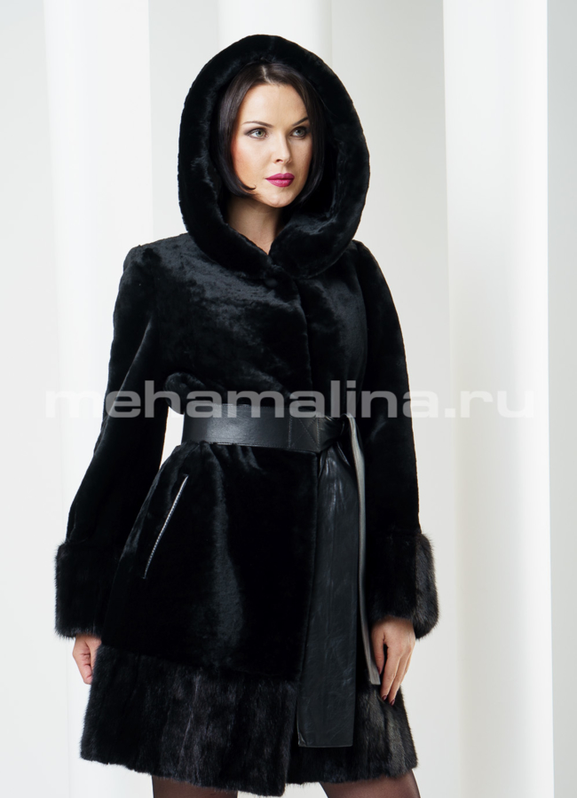Шуба мутон с норкой, цвет черный модель № S-211 меха малина