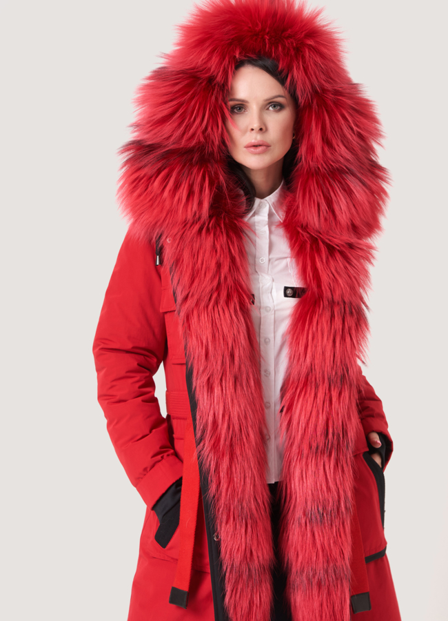 Красная меховая парка с капюшоном модель № 12035 в рассрочку