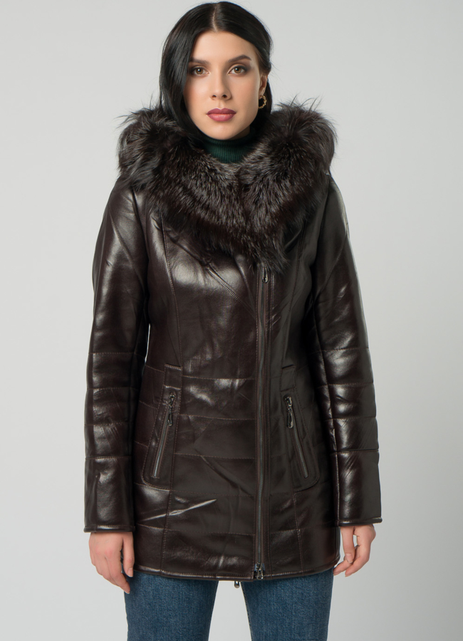 Дубленка из эко кожи коричневого цвета с капюшоном модель № 12464 меха малина