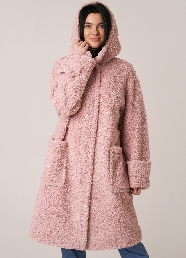 Шуба из овечьей шерсти розового цвета с капюшоном модель № 23243 универмаг малина