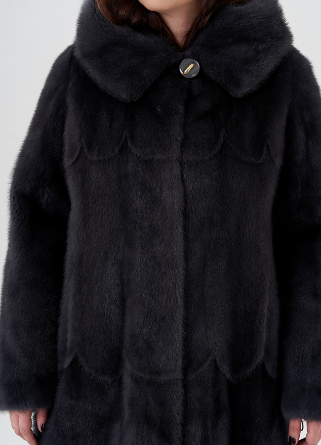 Длинная классическая шуба из норки с капюшоном модель № 23166 в рассрочку