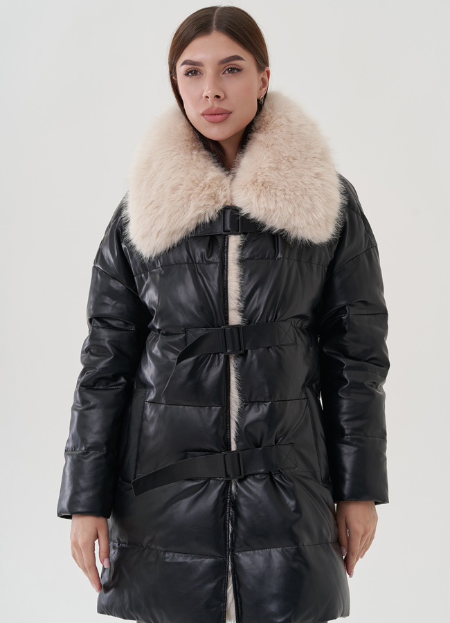 Пуховик из эко кожи с воротником из эко меха  модель № 24868 универмаг малина