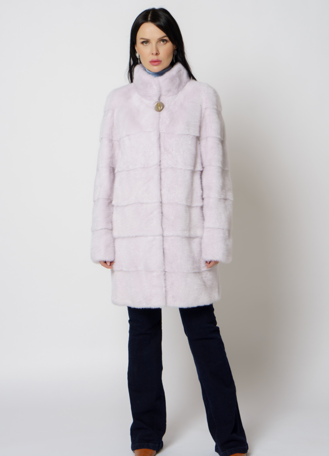 фото Норковая шуба с воротником стойкой в цвете пудра модель № 19613