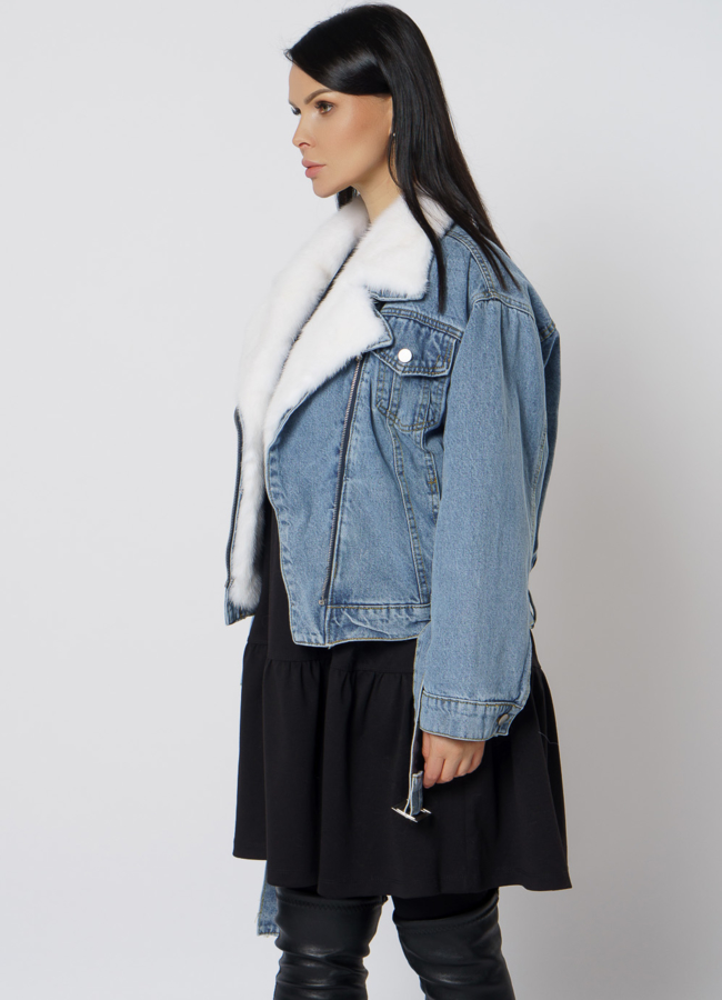 Утепленная джинсовая куртка с отделкой из норки модель № 21831 в рассрочку
