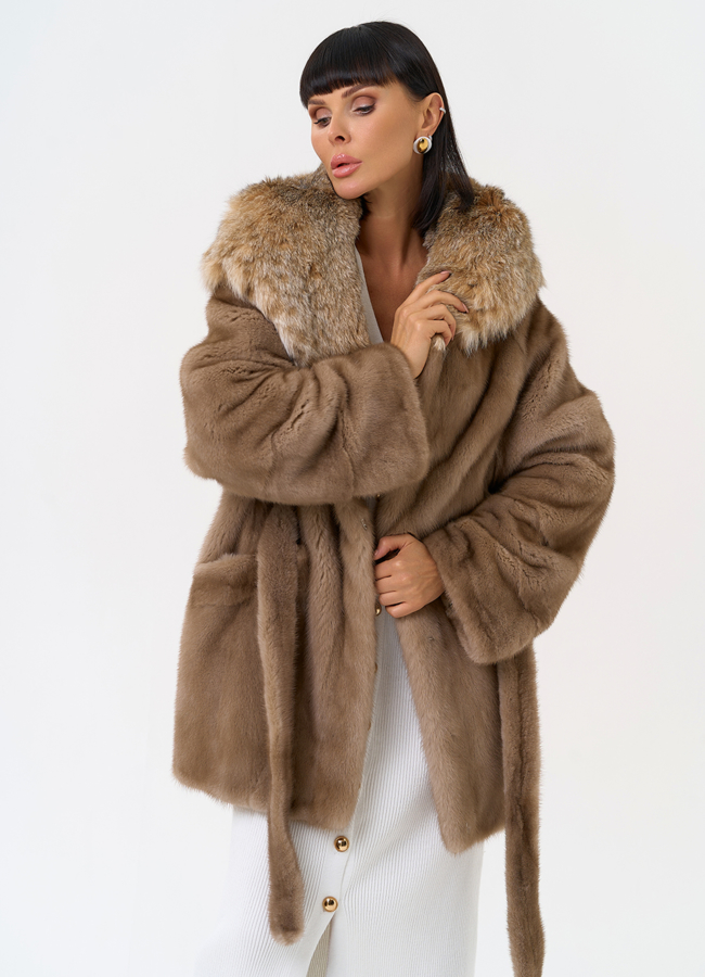 Женская шуба из меха норки с капюшоном из меха рыси модель № 31165 универмаг малина