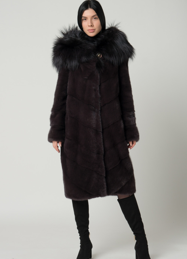фото Длинная норковая шуба с капюшоном из чернобурки модель № 1603
