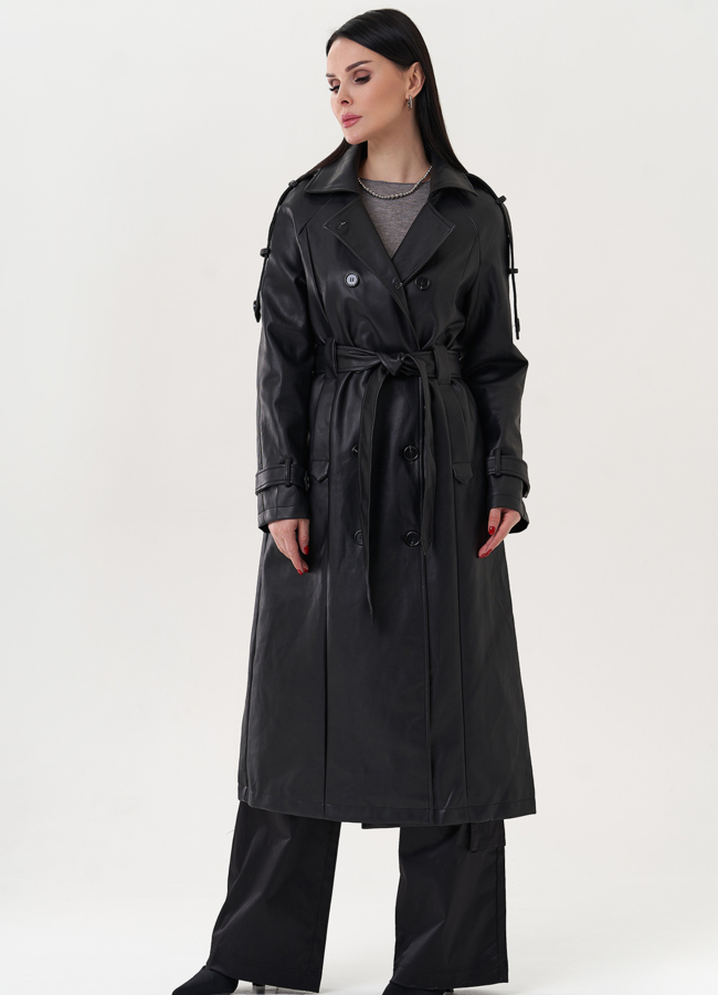 фото Тренч черного цвета из эко кожи модель № 26794