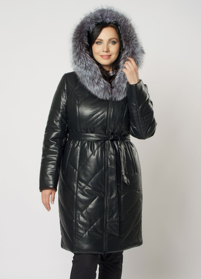 Черный пуховик с чернобуркой из эко кожи модель № 18257 универмаг малина