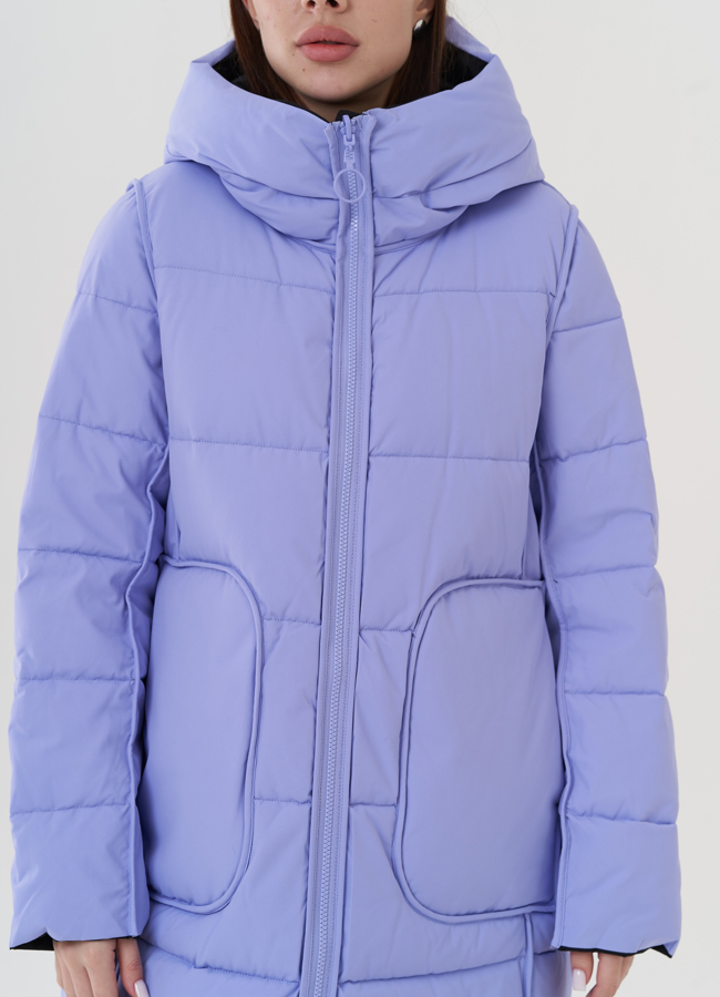 Женский двусторонний пуховик с капюшоном  модель № 25386 универмаг малина