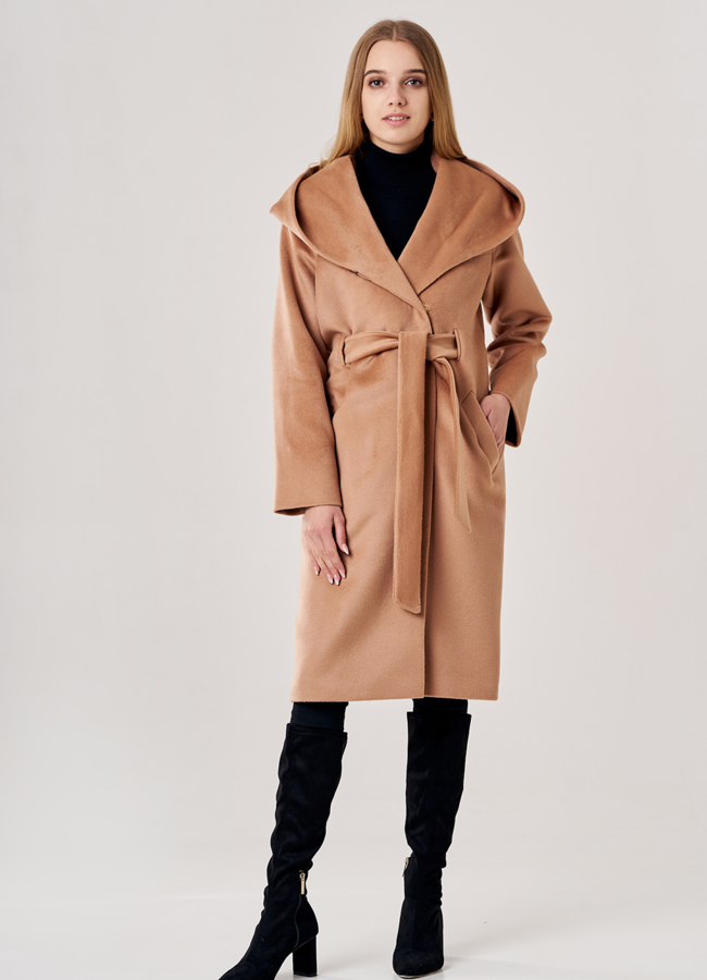 Пальто женское коричневого цвета с капюшоном модель № 038 универмаг малина