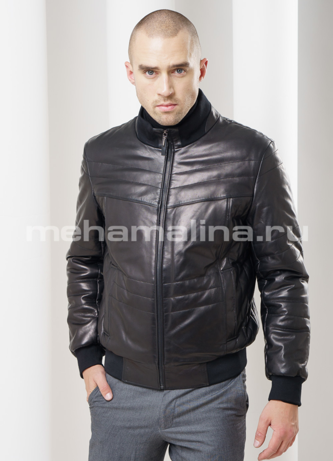 Кожаная куртка на молнии модель № KP-113 меха малина